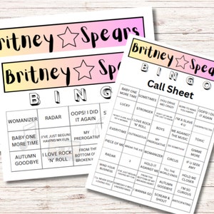 May include: A printable Britney Spears Bingo game call sheet with a pink and yellow gradient background. The sheet includes a grid of squares with song titles from Britney Spears' discography.