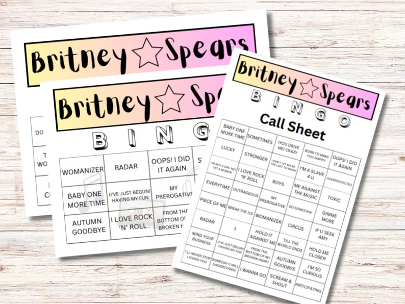 May include: A printable Britney Spears Bingo game call sheet with a pink and yellow gradient background. The sheet includes a grid of squares with song titles from Britney Spears' discography.