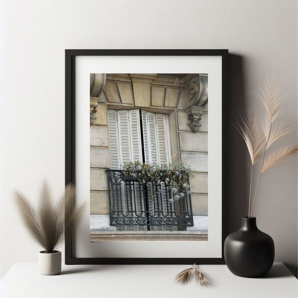 French window, shutters, wrought iron, plant, original photograph, digital download, home decor.