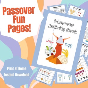 Puede incluir: Un libro de actividades de Pascua imprimible azul y blanco con el texto "Passover Activity Book" y una ilustración de dibujos animados de una persona que sostiene un plato de comida de Seder de Pascua. El libro incluye actividades como contar, colorear y escribir.