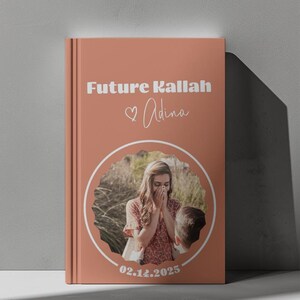 May include: A peach-colored book with the text "Future Kallah" and "Adina" in white. A photo of a woman covering her face is in a circular frame. The date "02.12.2025" is at the bottom.