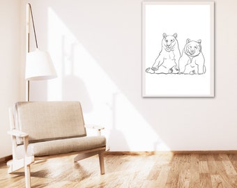 Line Art Bär Druck | Minimalistische Wandkunst | Bär Zeichnung | Abstrakte Zeichnung Print | Ungerahmt - Nur Druck