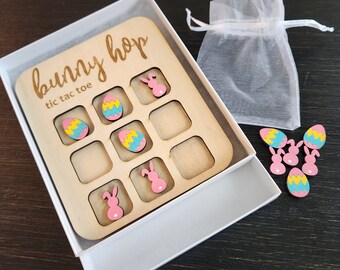 BUNNY HOP wooden tic tac toe board game, laser cut, can be personalized EASTER gift, laser engraved