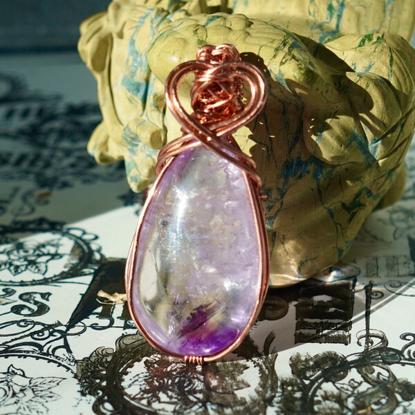 Amethyst Heart Copper Wirewrap Pendant dark and light