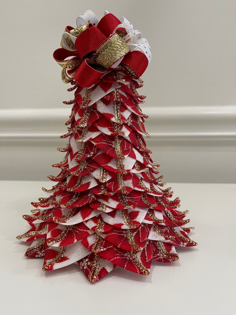 9 Tabletop Christmas Tree Poinsettia Red, White and Gold Wired Ribbon