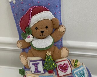 Completed Bucilla Felt Christmas Stocking “Baby Bear” – Teddy Bear with “I Love Snow” Blocks