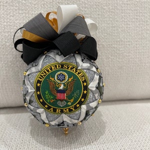 Large 3&quot; U.S. Army Ornament made from Licensed Military Fabric – Black/Gold/White