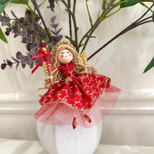 Handmade Angel Ornament, Christmas Fairy Ornament, 5.5&quot; Tall, Red and Gold