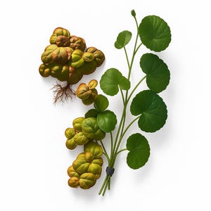 May include: An overhead shot of two types of plants on a white background. One plant has round, green leaves on a stem, and the other has clusters of yellow and brown leaves with visible roots. The stems are bound together with a black band.