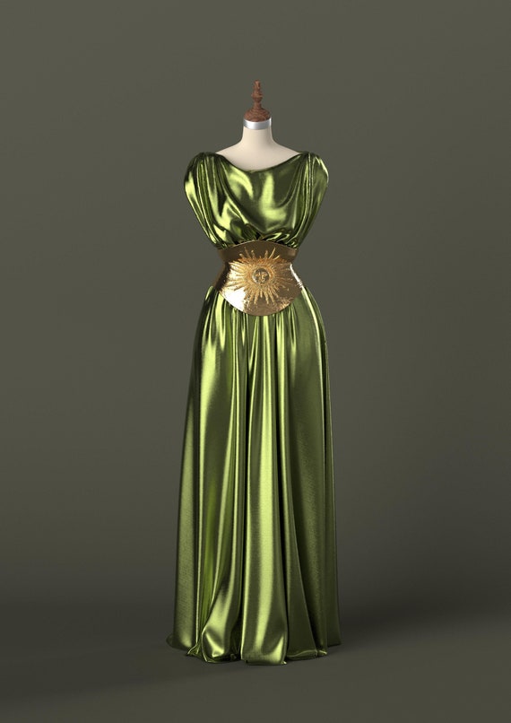 green emerald velvet dress Fold Off-the-shoulder Green Evening Dress with Beaded Belt – loveangeldress
