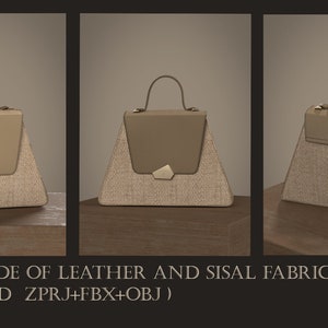 May include: A triangular-shaped purse made of brown leather and sisal fabric. The purse has a top flap and a gold handle.