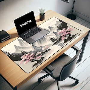 Japanese Tranquil Mountains & Cherry Blossoms Desk Mat | Asian Landscape | Cherry Blossom Office Decor | Zen Mouse Pad | TCG Playmat