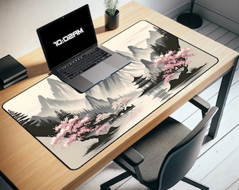 Japanese Tranquil Mountains & Cherry Blossoms Desk Mat | Asian Landscape | Cherry Blossom Office Decor | Zen Mouse Pad | TCG Playmat