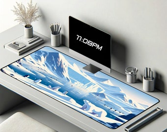 Arctic Landscape Desk Mat | Winter Mood Mousepad | Cozy Gamer Mouse Pad | Blue Gaming Deskpad | Kawaii Bear Deskmat | Penguin Playmat