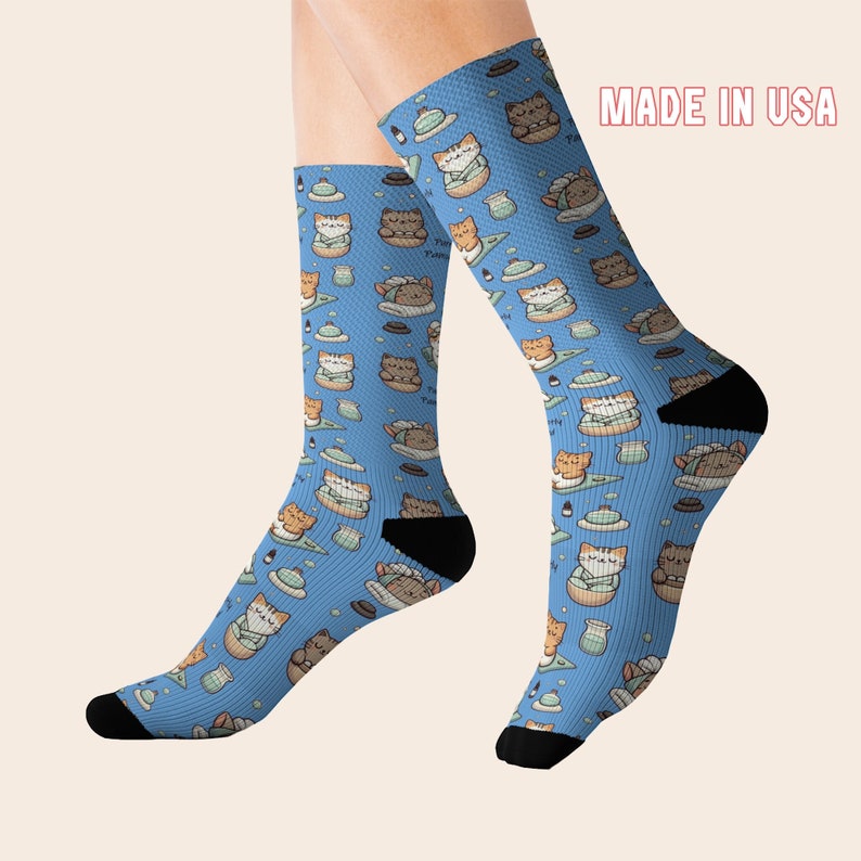 Purrfectly Pampered Spa Cat Socks Cat Lover Cat Mom Cat Socks For Women Cat Socks Funny Socks Cute Socks Cat Gifts for Women Blue