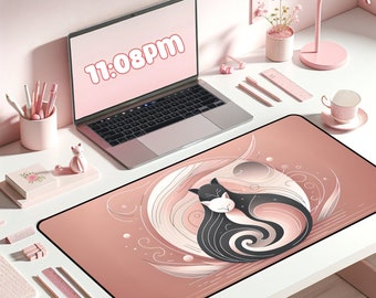 Cat Couple Harmonic Embrace Desk Mat | Serene | Yin Yang | Extra Large Mousepad | Office Decor | Extended Keyboard Mat | Cat TCG Playmat