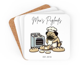 Custom Pug Coasters Using Name + Birth Year | Pugloafs | Personalized Pug Coaster | Pug Gift | Pug Lover | Pug Mom | Pug Dad | Four Coasters
