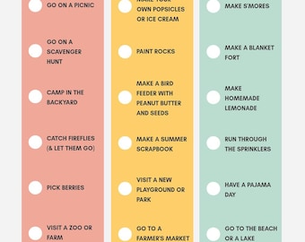 May include: A colorful summer bucket list graphic with text in a handwritten style. The list includes activities like going on a picnic, making s'mores, and visiting a zoo or farm. The text is on a white background with colorful columns.