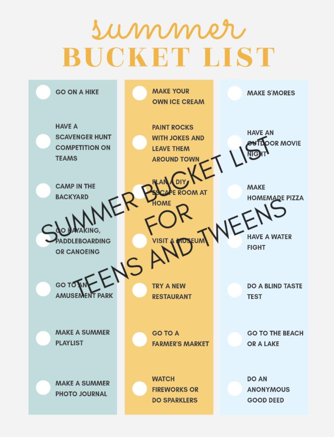 Summer Bucket List for Tweens and Teens - Etsy