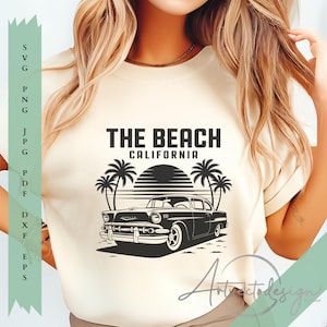 Retro strandauto SVG: Californië zonsondergang palmboomontwerp (digitale download)