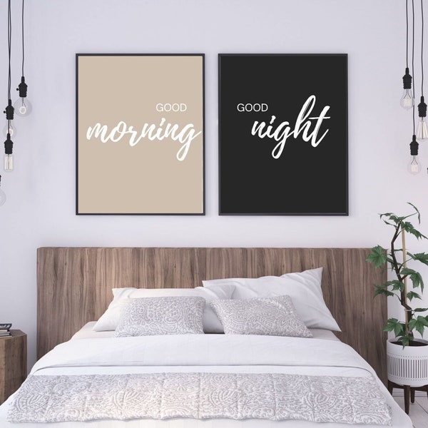 Schlafzimmer Print Set. Guten Morgen, gute Nacht. Poster. Schlafzimmer Drucke. Wandbild. Schwarz beige weiß. Good morning Good night.