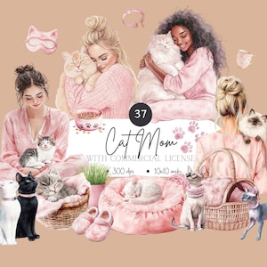 Clipart maman chat rose, esthétique chat confortable, art câlin chat mignon, amoureux des chats moelleux, autocollant maman féline, clipart chat endormi, sublimation PNG