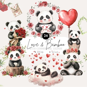 Imágenes prediseñadas de panda de San Valentín, bambú romántico, cartas de amor, globos de corazón, amor de tocón de árbol, rosas, chocolate, diseños románticos de San Valentín, png