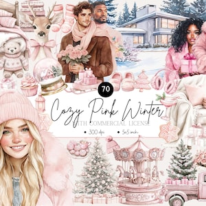 Rosa Winter Clipart Set, gemütliche Hütte Elemente, Winter Wunderland & Pastell Weihnachten, Winter Charme, digitale Aufkleber, kommerzielle Lizenz, png