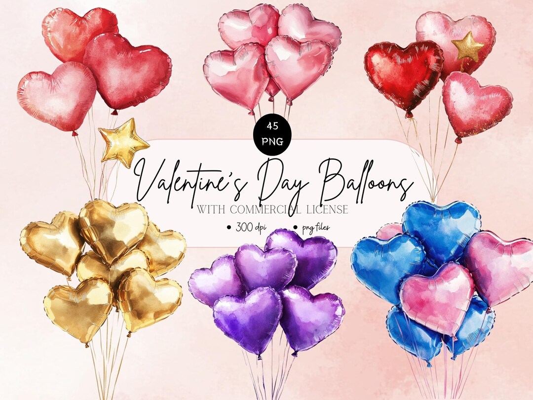 Watercolor Valentine Balloons Clipart: 45 PNG Whimsical Heart Designs ...