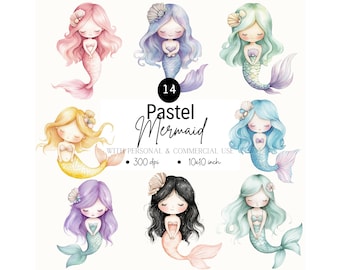 Clipart de Sirena Pastel: Princesa Marina PNG, Cumpleaños Submarino (Descarga Digital)