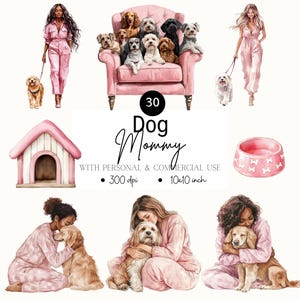 Clipart roze hond moeder: blond en zwart haar, plannerstickers (PNG-download)