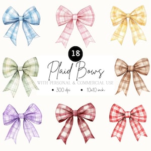 Watercolor Plaid Ribbon Clipart: Tartan & Gingham Bows (PNG Digital Download)