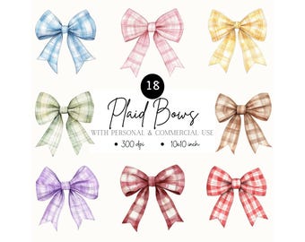 Watercolor Plaid Ribbon Clipart: Tartan & Gingham Bows (PNG Digital Download)