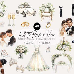 Clipart de boda de rosas blancas, novia, novio, rosas blancas, ramo de novia, arte floral de boda, elementos de boda boho, invitaciones digitales, png