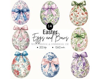 May include: Set of 14 digital illustrations of Easter eggs with floral patterns and bows in various colors. The eggs are 10 inches by 10 inches and 300 dpi.