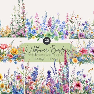 Clipart de bordures de fleurs sauvages, PNG floral aquarelle pour faire-parts, Art de mariage et cadres imprimables, superpositions de fleurs, Clipart printemps, png