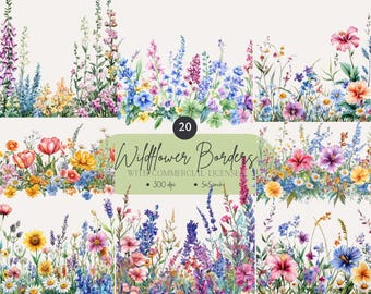 Watercolor Wildflower Borders Clipart: Floral PNG Overlays (Digital Download)