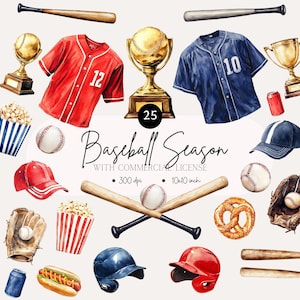 Elementy baseballu Clipart, Nietoperz, Piłka, Rękawica, Mundur, Kapelusz PNG, Grafika sportowa do projektów cyfrowych, Akwarela i kreskówka Baseball Art, png