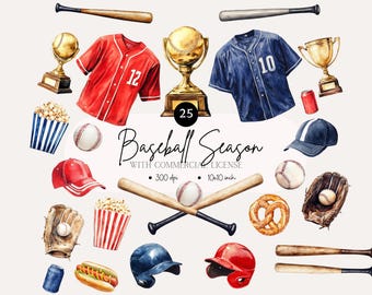 Watercolor Baseball Clipart: Sports Graphics, Bat, Ball, Uniform (PNG)