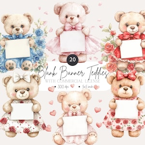 Clipart de oso con pancarta en blanco editable, clipart de etiqueta con nombre de oso, osos personalizables para baby shower e invitaciones, tarjetas editables, proyectos de manualidades