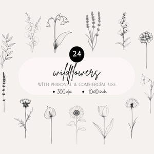 Wildflower Line Art Clipart, Floral Desenhado à Mão PNG, Ilustração Botânica Minimalista, Estêncil de Tatuagem, Cottagecore & Design de Capina, WildInk