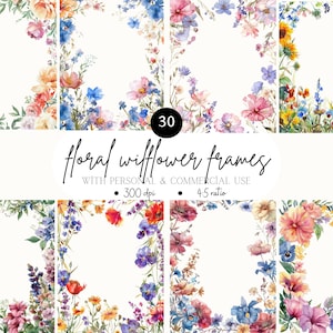 Aquarel wilde bloemen frames clipart l lente zomer bruiloft uitnodiging l Cottagecore frame l kaart I menu I cadeaukaartje I vrijgezellenfeest I png