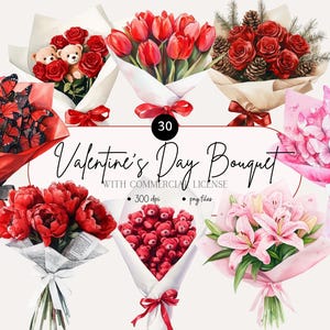 30 PNG Clipart de buquê de dia dos namorados em aquarela, urso fofo, rosas, lírios e buquês de chocolate, clipart de buquê, clipart floral, png