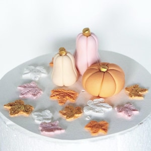 May include: A collection of autumn-themed cake decorations. The arrangement includes three pumpkins in shades of peach and orange, with gold stems. Scattered around are decorative leaves in gold, white, and pink.