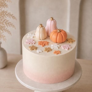 May include: A round cake with smooth cream-colored frosting that fades into a soft pink gradient at the base. The top is decorated with three small sculpted pumpkins in cream, pink, and orange, surrounded by scattered gold, white, and pink leaves.