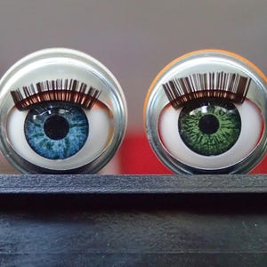 May include: Two eye-shaped art pieces. One has a blue iris, the other a green iris, both with brown eyelashes. The eyes are set in silver-coloured metal, possibly lids, and are displayed on a dark surface.