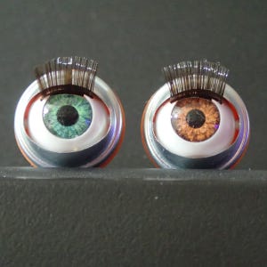 May include: Two large doll eyes with eyelashes, one with a green iris and the other with a brown iris. The eyes are set in silver-coloured lids with a red rim.