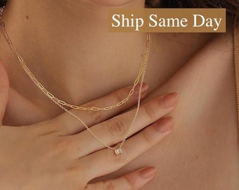 Diamond Pendant Necklace Paper Clip Chain, Dainty Gold Layered Necklaces 14k Gold, Jewelry Plated Paperclip Chain Necklace For Women, Girls