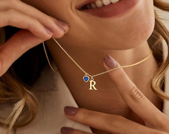 Dainty Initial 18K Gold Necklace with Heart Birthstone, Custom Letter Necklace, Birthstone Jewellery, Birthday Gifts for Her, Personalized