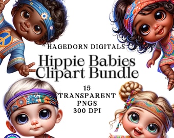 Hippie Babies Clipart Bundle, Hippie Baby PNG Bundle, Vintage Hippie Baby Characters PNGs, 60s Inspired, Instant Download, Commercial Use
